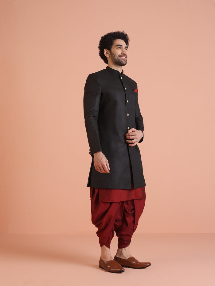 Men Black Solid Kurta Indowestern Dhoti Set