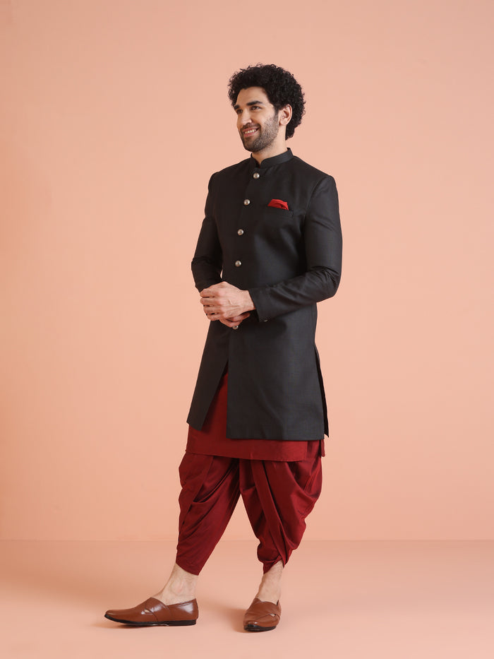 Men Black Solid Kurta Indowestern Dhoti Set