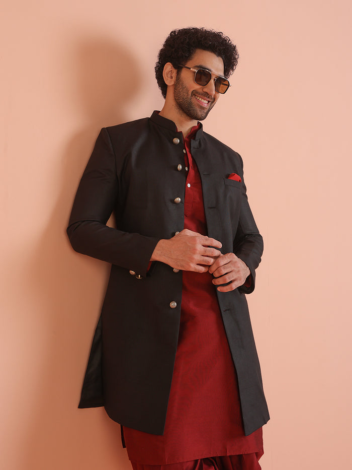 Men Black Solid Kurta Indowestern Dhoti Set