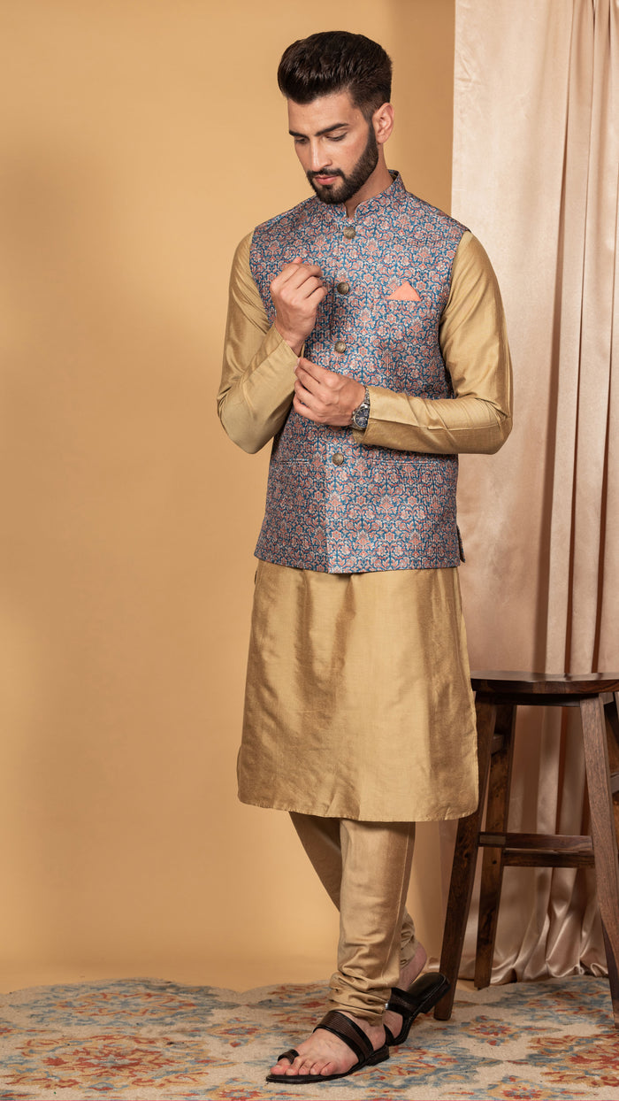 Men Blue Kurta Jacket Set