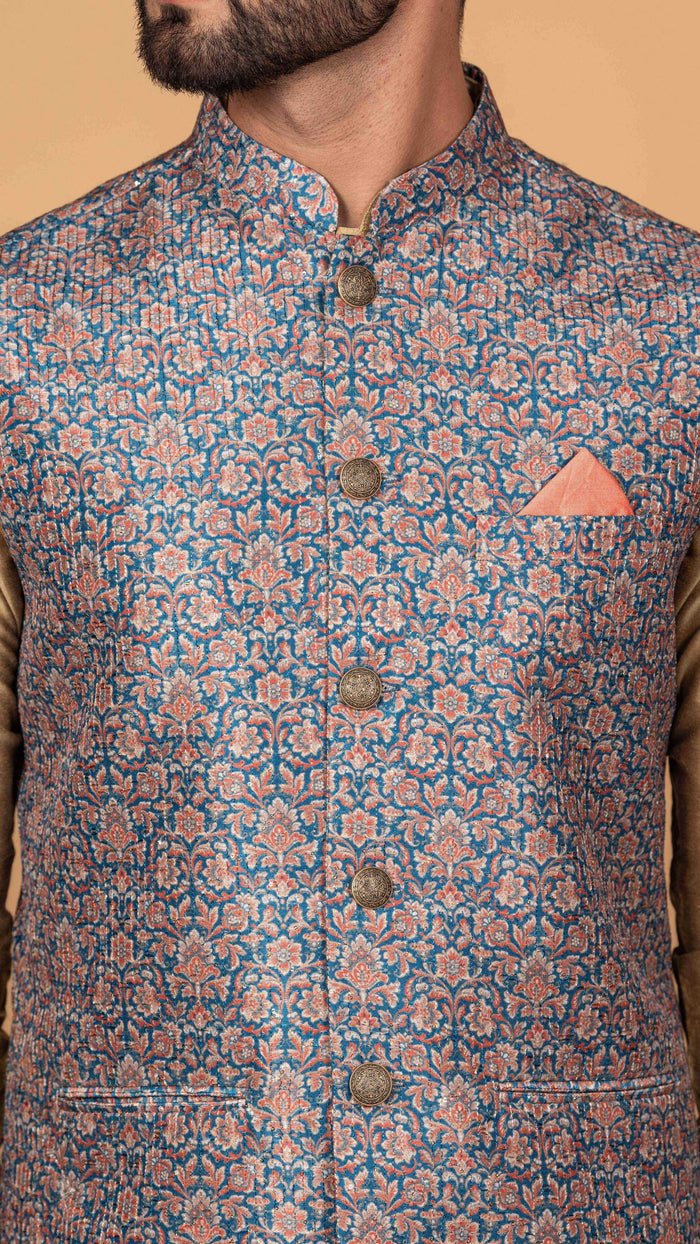 Men Blue Kurta Jacket Set