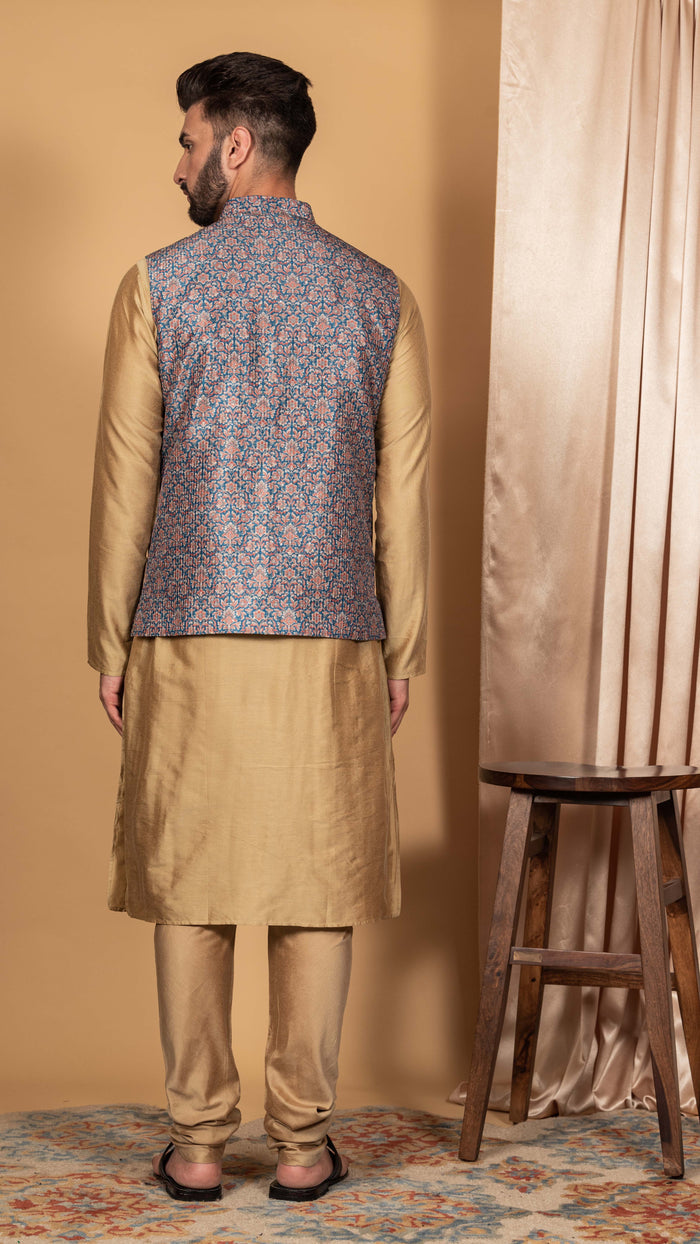Men Blue Kurta Jacket Set