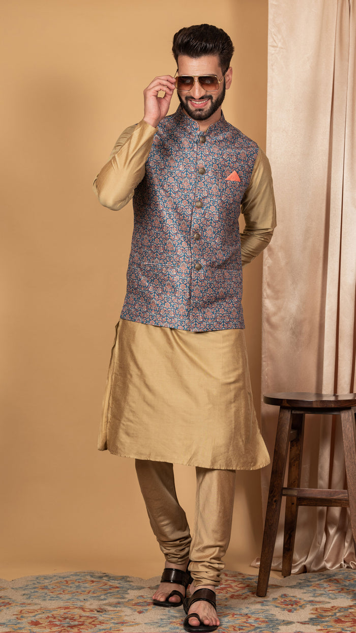 Men Blue Kurta Jacket Set
