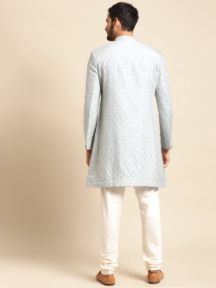 Men Blue Textured Indowestern Churidar Set