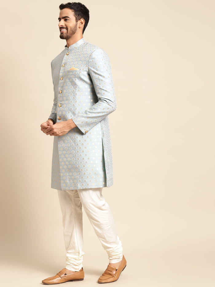 Men Blue Textured Indowestern Churidar Set