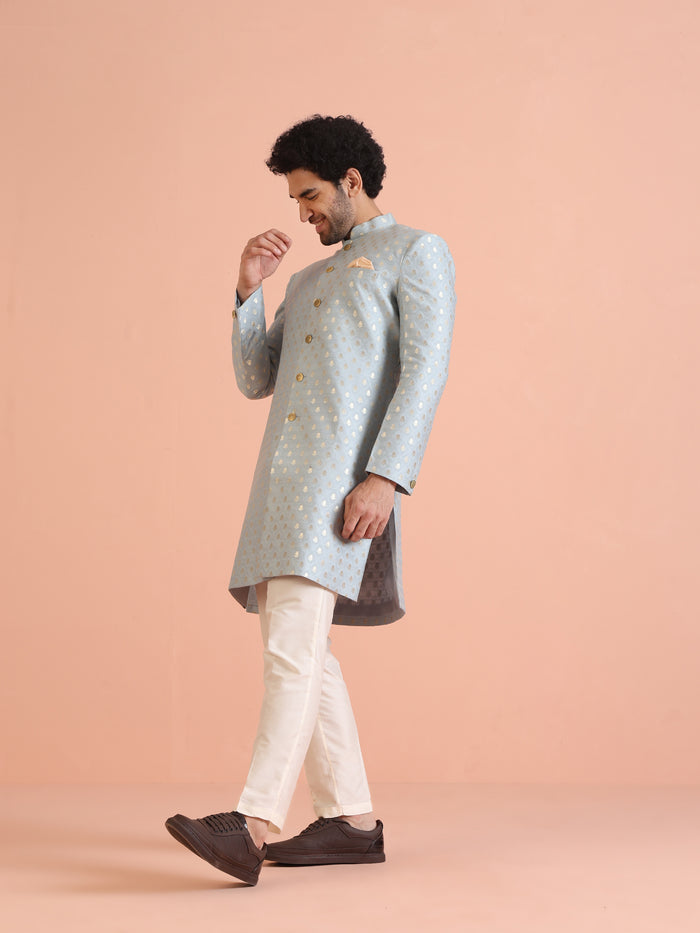 Men Blue Textured Indowestern Trouser Set