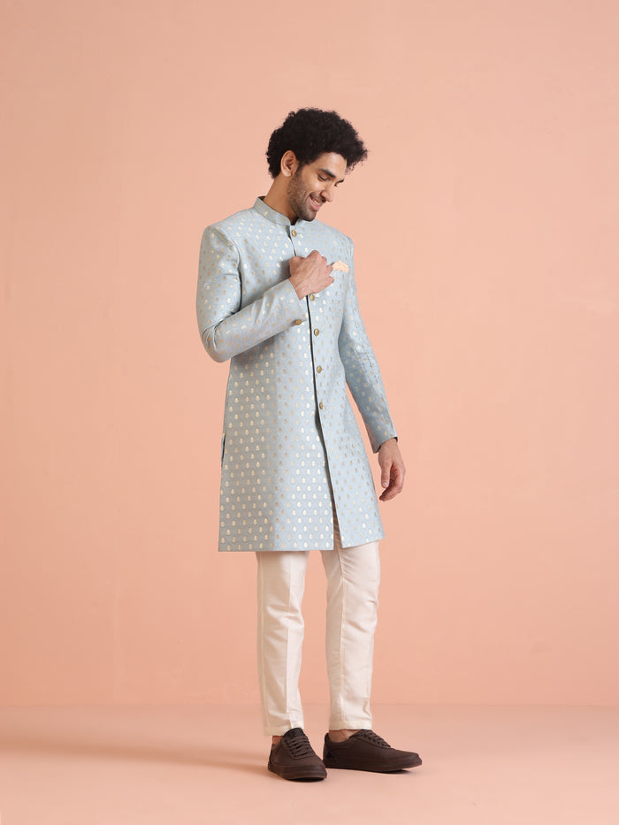 Men Blue Textured Indowestern Trouser Set