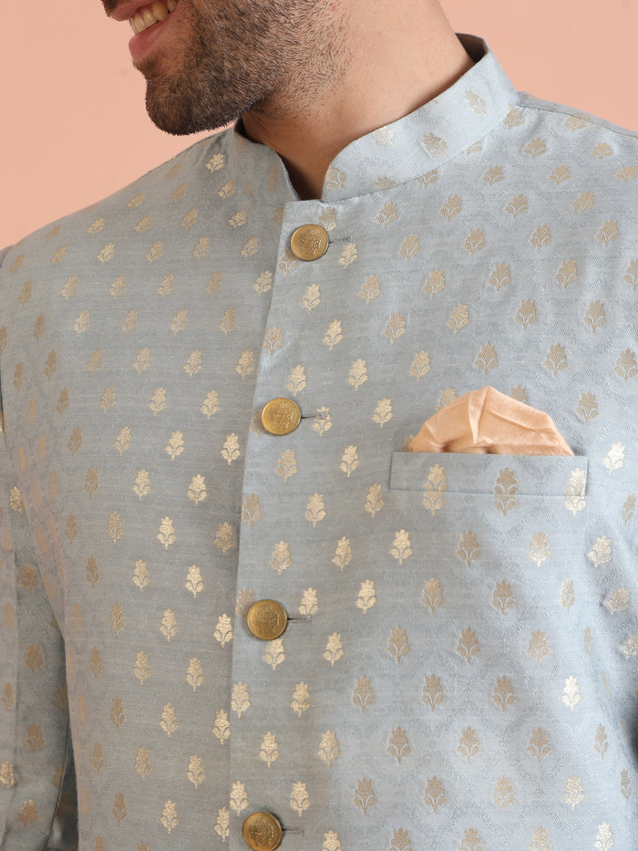 Men Blue Textured Indowestern Trouser Set