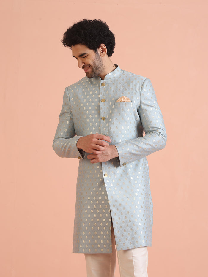 Men Blue Textured Indowestern Trouser Set
