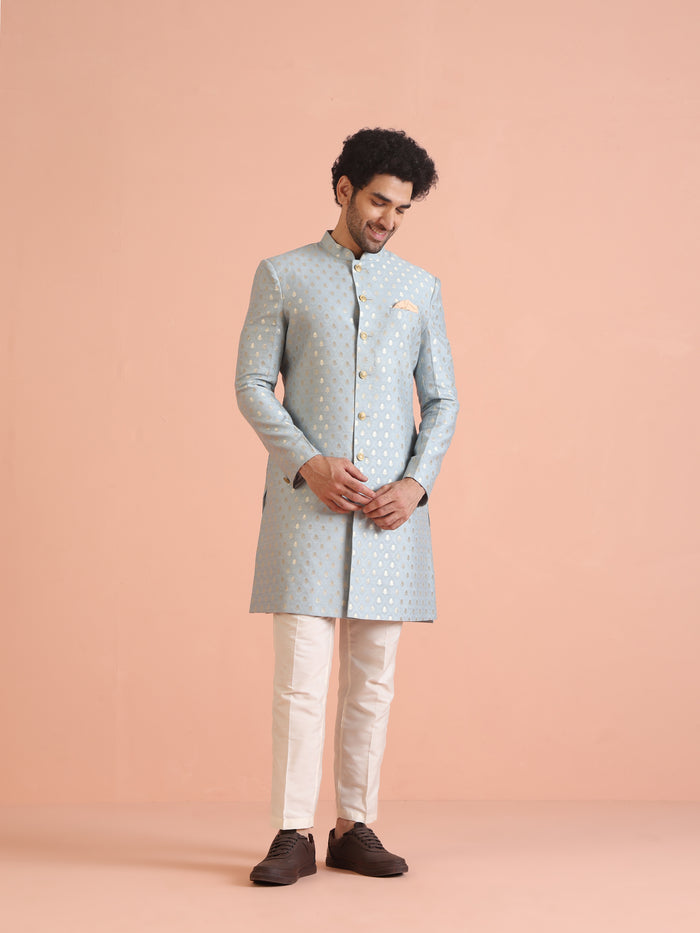 Men Blue Textured Indowestern Trouser Set