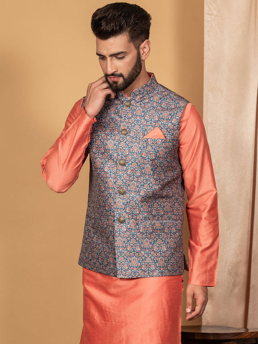 Men Blue Traditional Motifs Nehru Jacket