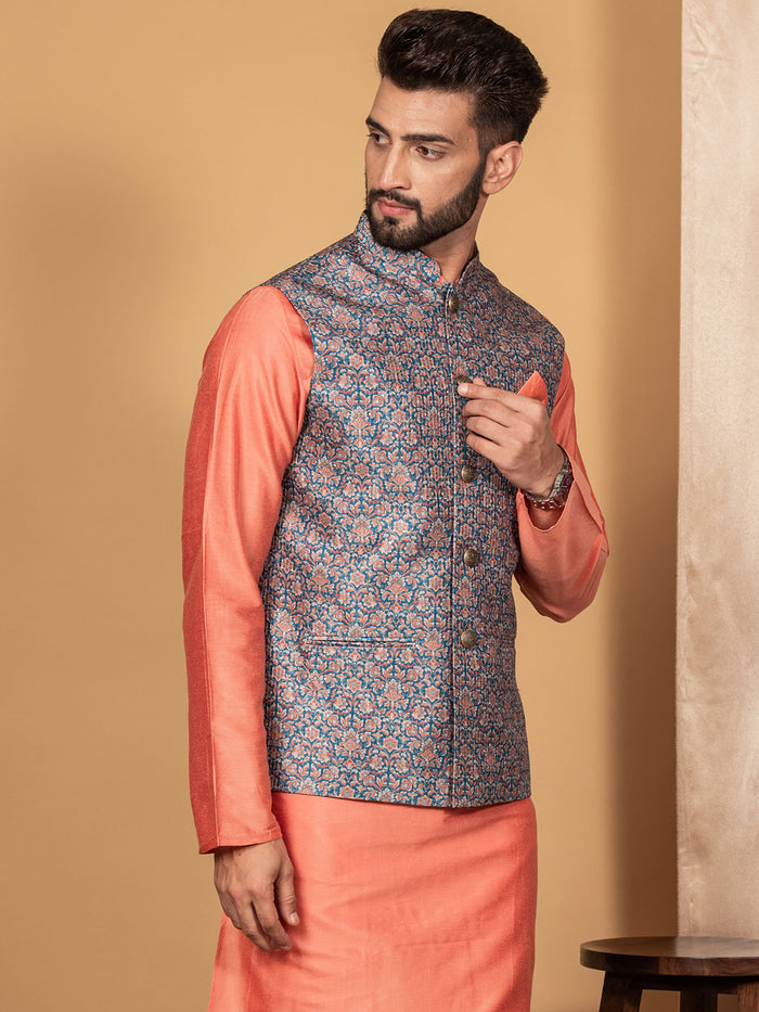 Men Blue Traditional Motifs Nehru Jacket