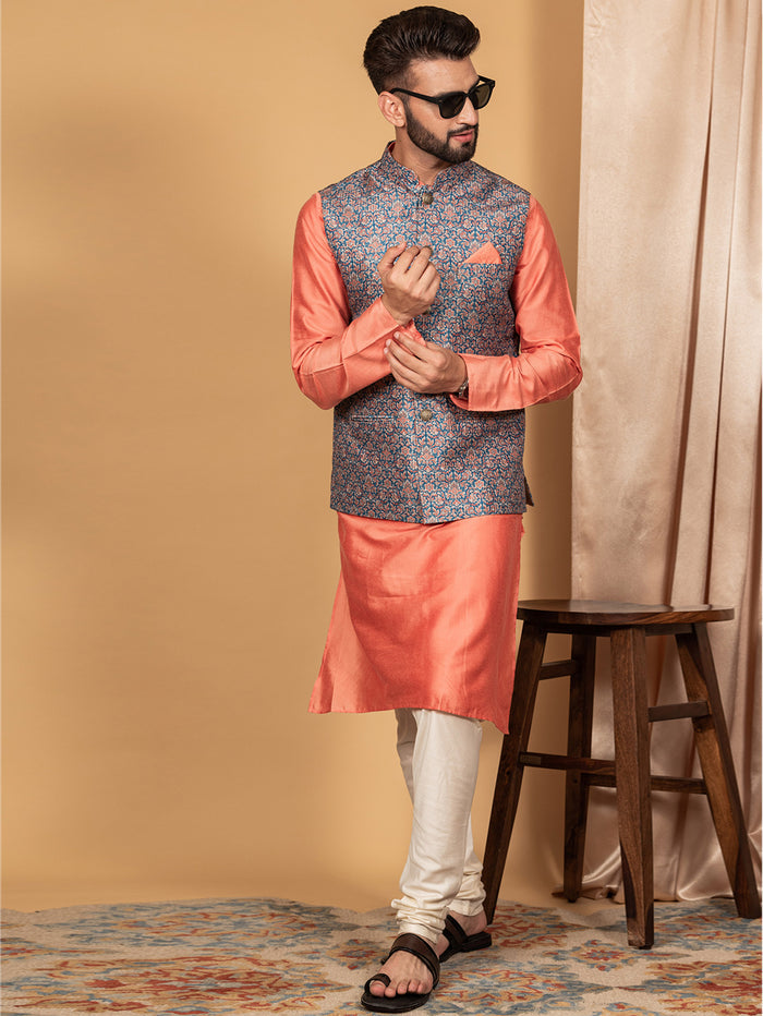 Men Blue Traditional Motifs Nehru Jacket