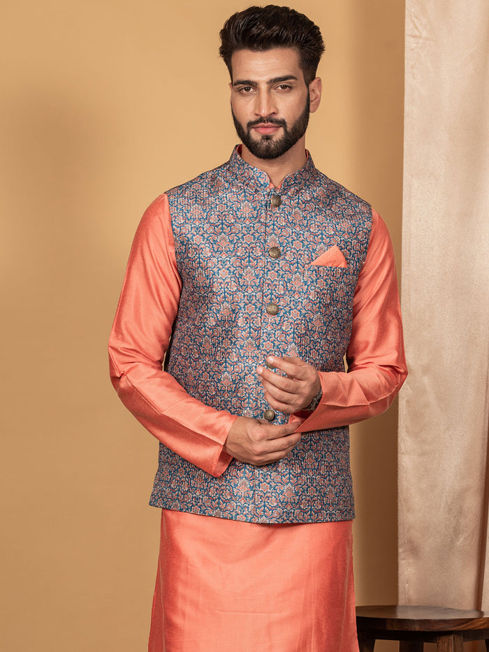 Men Blue Traditional Motifs Nehru Jacket