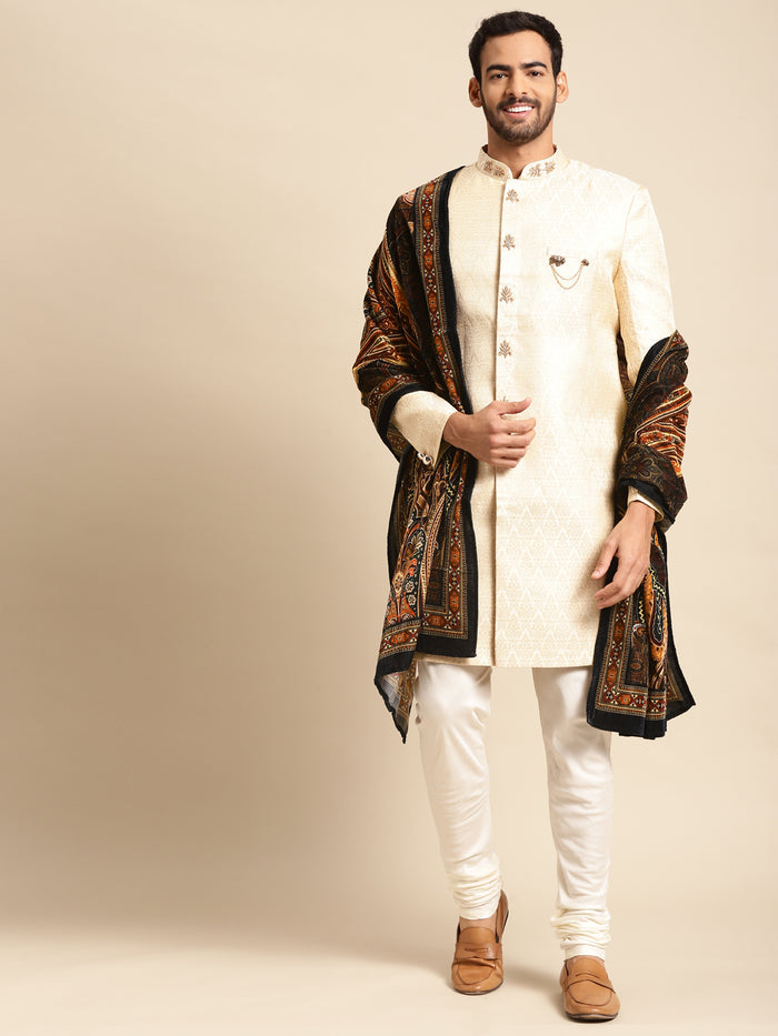 Men Cream Textured Solid Indowestern Churidar with Dupatta Set
