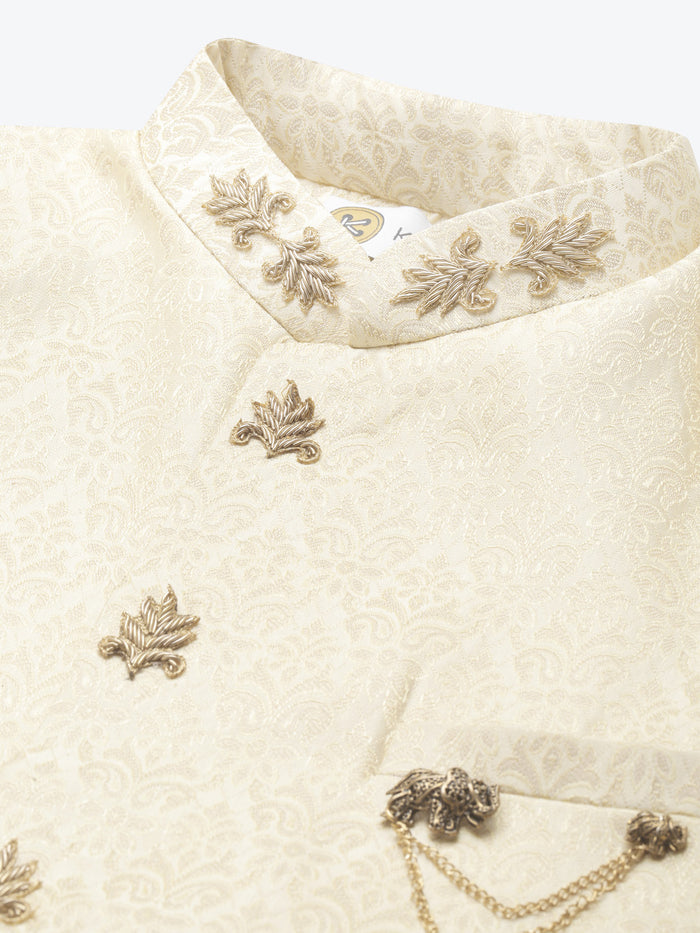 Men Cream Textured Solid Indowestern Churidar with Dupatta Set