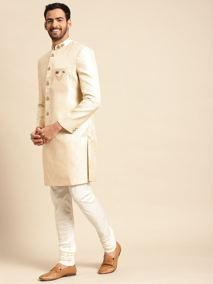 Men Cream Textured Solid Indowestern Churidar with Dupatta Set