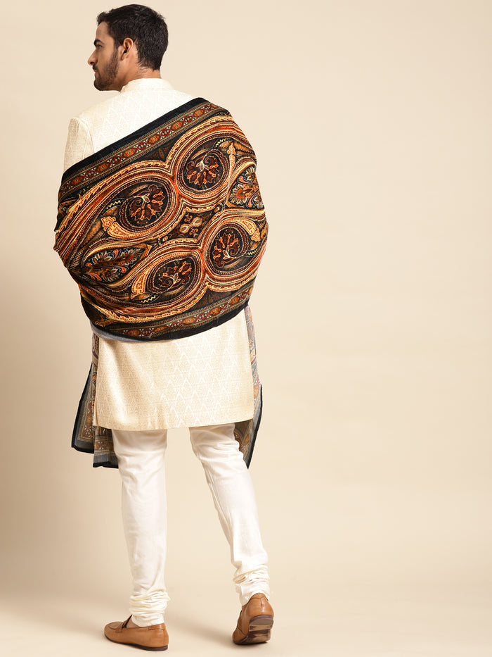 Men Cream Textured Solid Indowestern Churidar with Dupatta Set