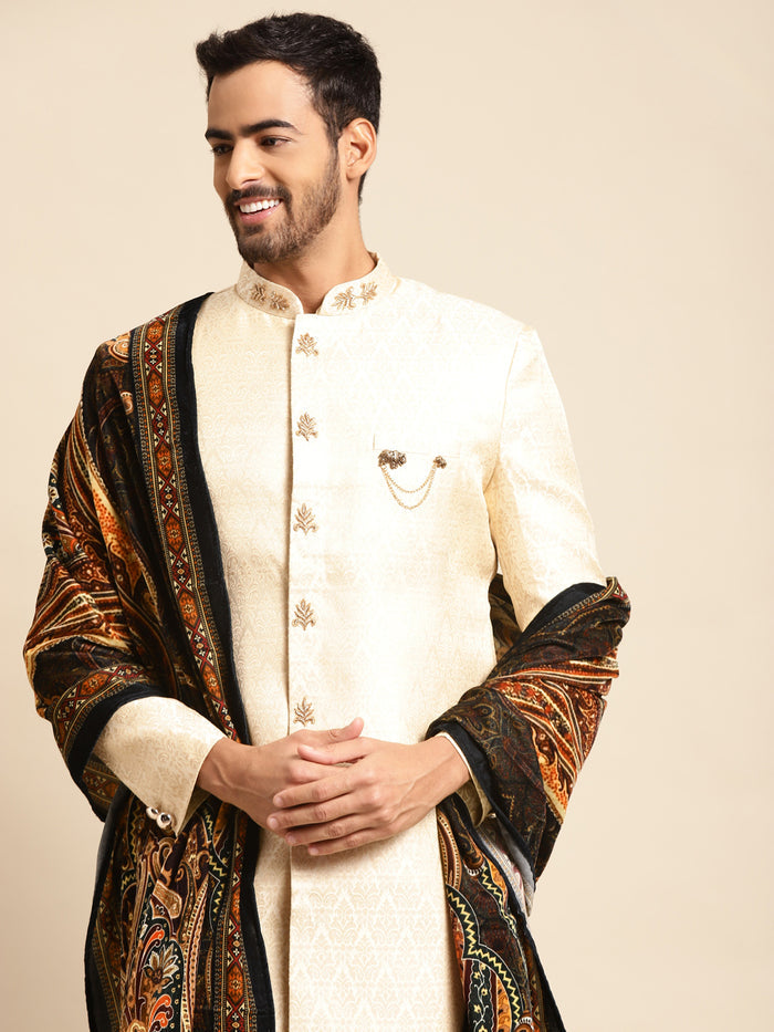 Men Cream Textured Solid Indowestern Churidar with Dupatta Set