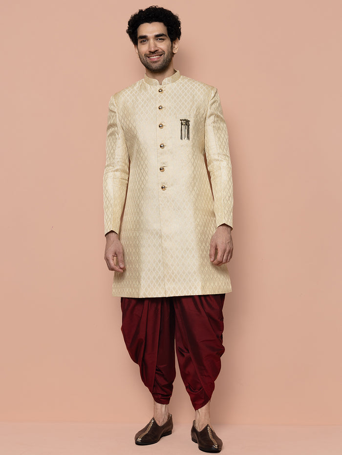 Men Cream Textured Solid Indowestern Dhoti Set