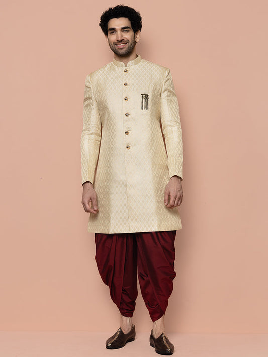 Men Cream Textured Solid Indowestern Dhoti Set