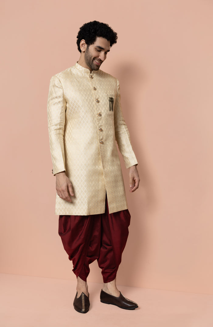 Men Cream Textured Solid Indowestern Dhoti Set