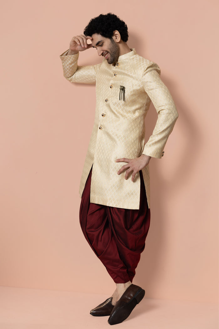 Men Cream Textured Solid Indowestern Dhoti Set
