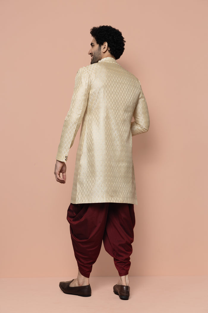 Men Cream Textured Solid Indowestern Dhoti Set