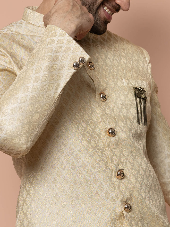 Men Cream Textured Solid Indowestern Dhoti Set