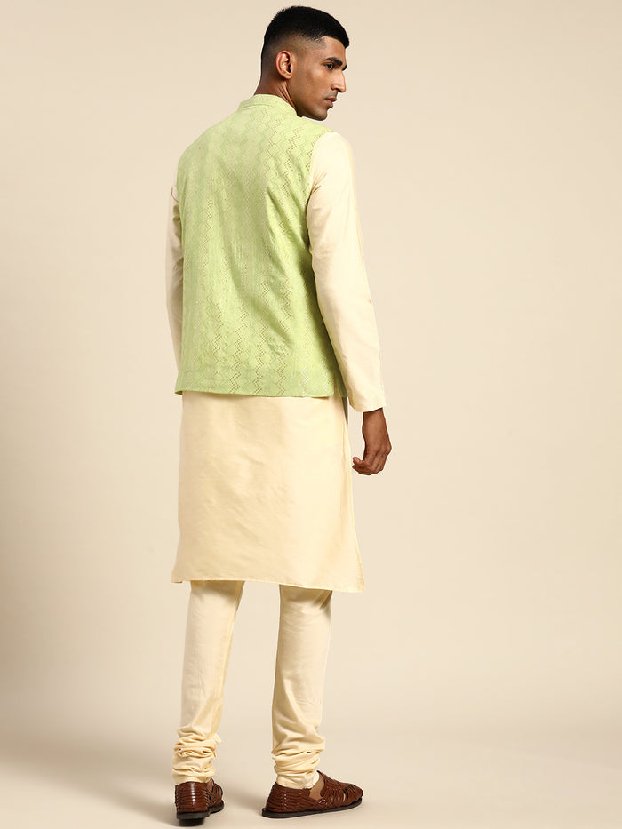 Men Green Color Kurta Jacket Set