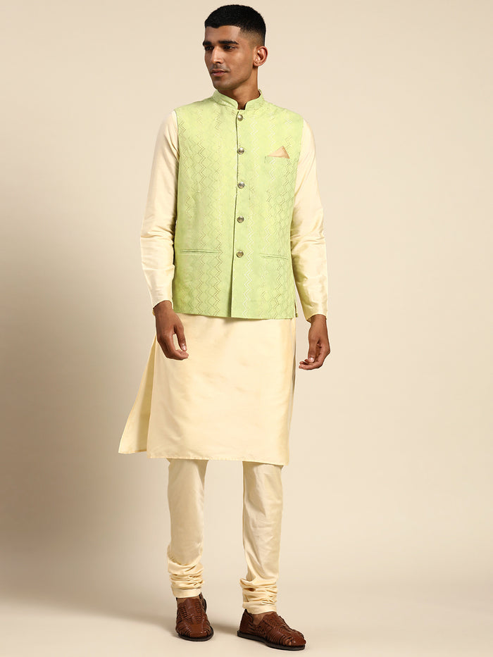 Men Green Color Kurta Jacket Set