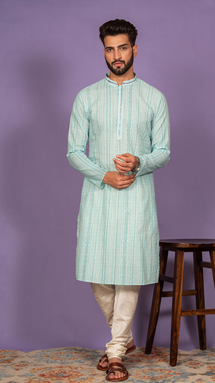 Men Green Geometric Kurta