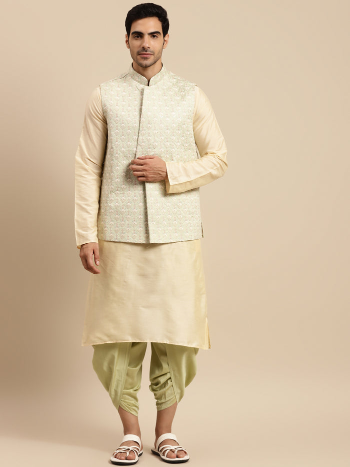 Men Green kurta jacket dhoti set