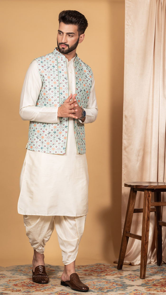 Men Green Kurta Jacket Set