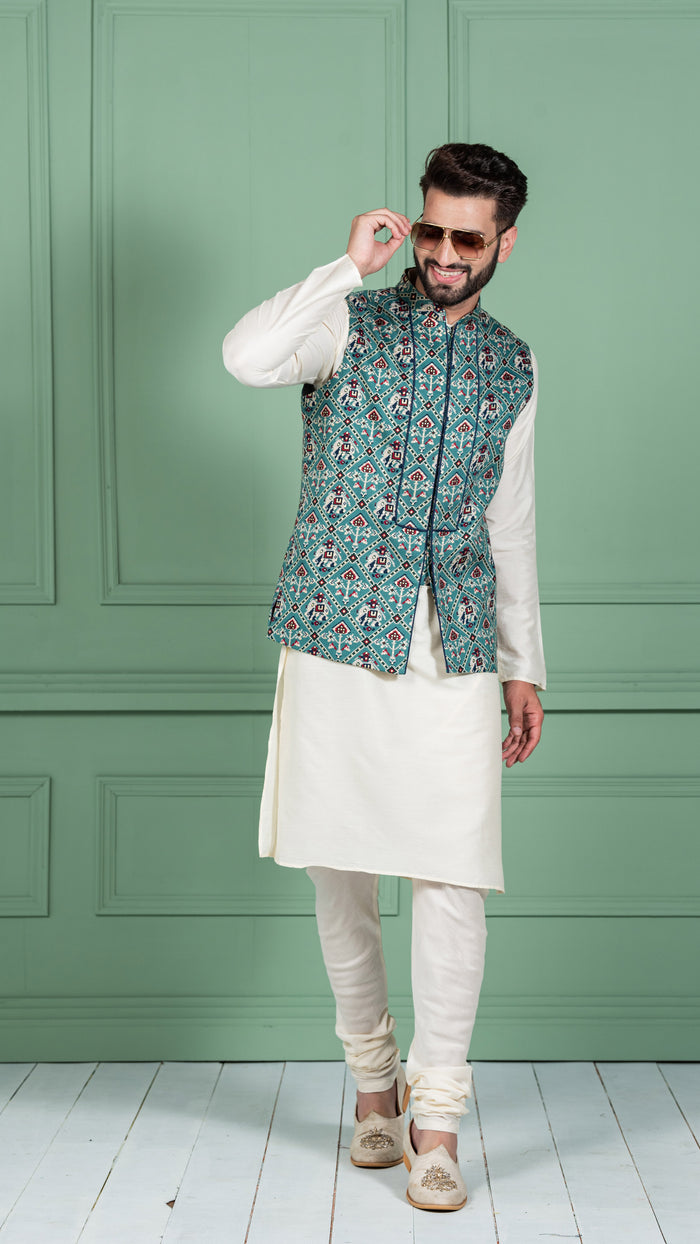 Men Green Kurta Jacket Set