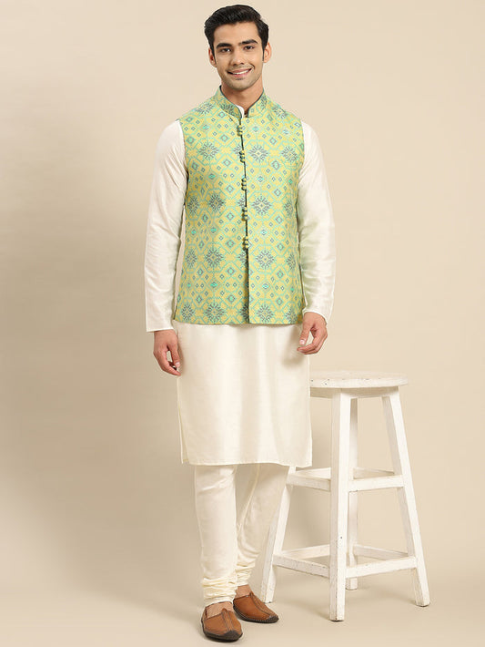 Men Green Kurta Jacket Set