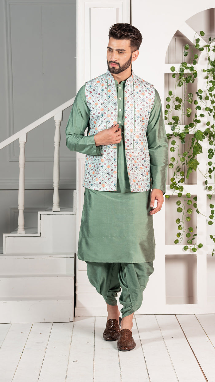 Men Green Kurta Jacket Set