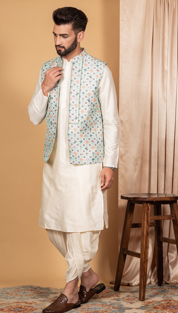 Men Green Kurta Jacket Set