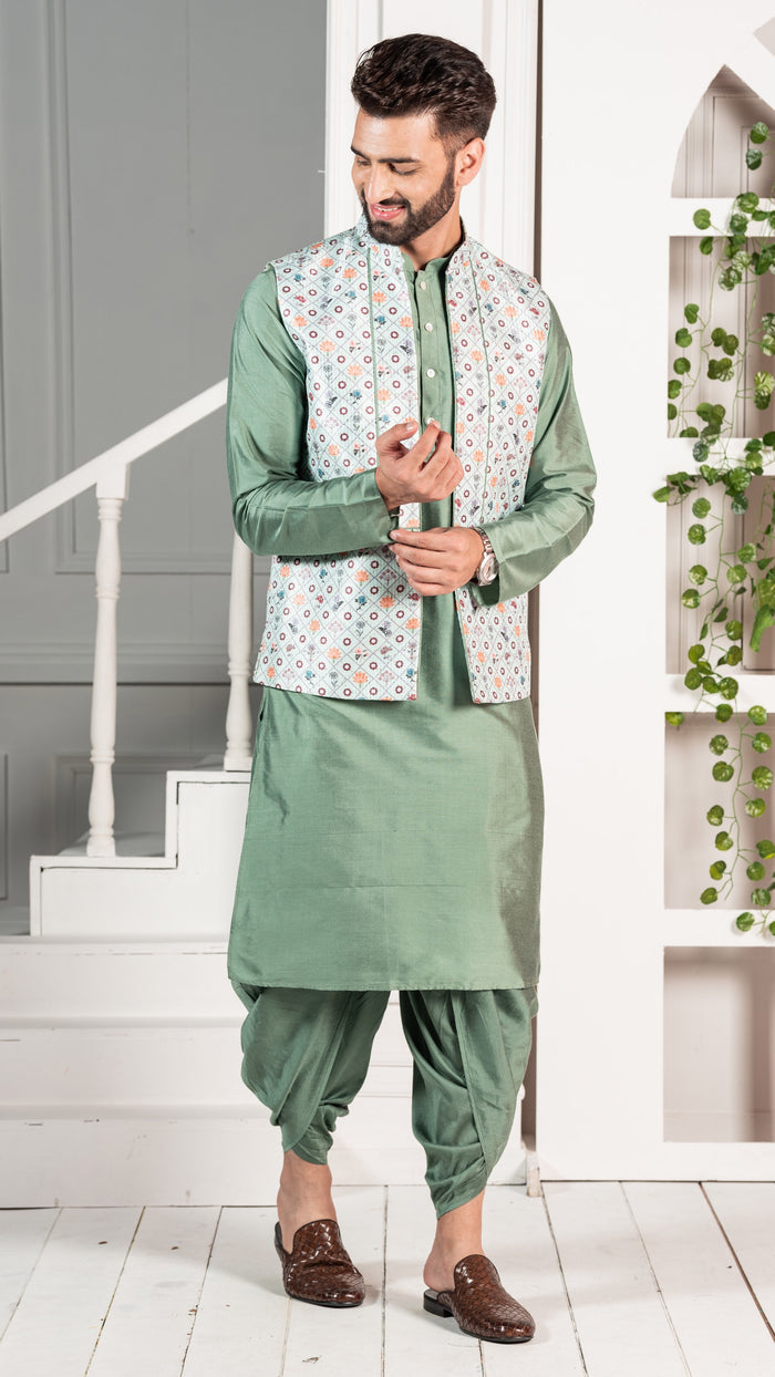 Men Green Kurta Jacket Set