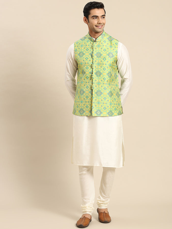 Men Green Kurta Jacket Set