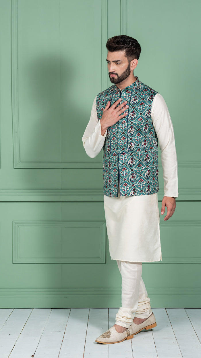 Men Green Kurta Jacket Set