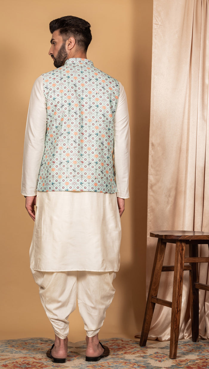 Men Green Kurta Jacket Set