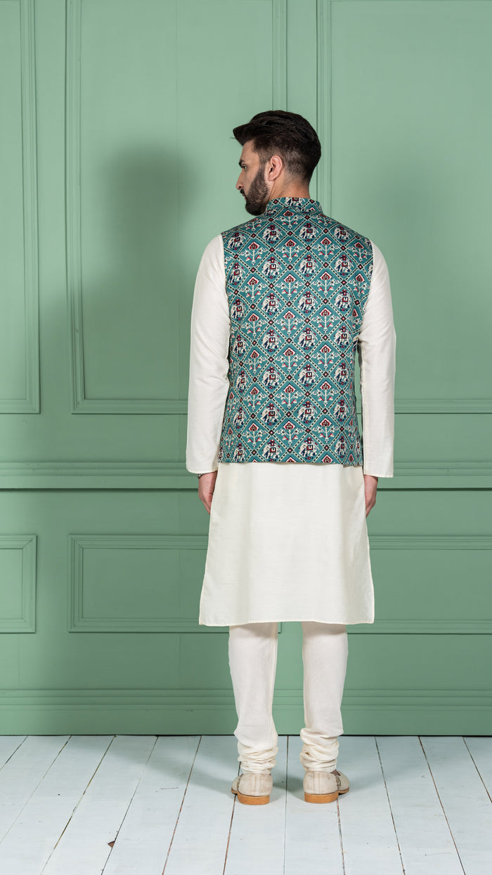 Men Green Kurta Jacket Set