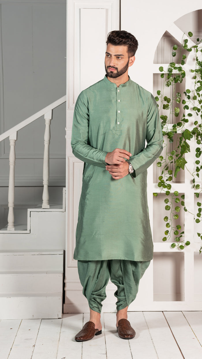 Men Green Kurta Jacket Set