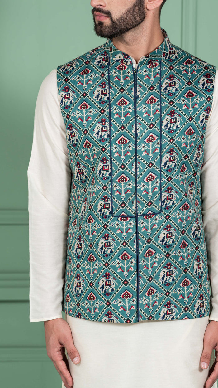 Men Green Kurta Jacket Set
