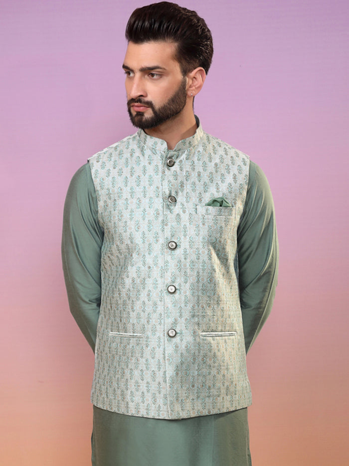 Men Green Printed Nehru Jacket