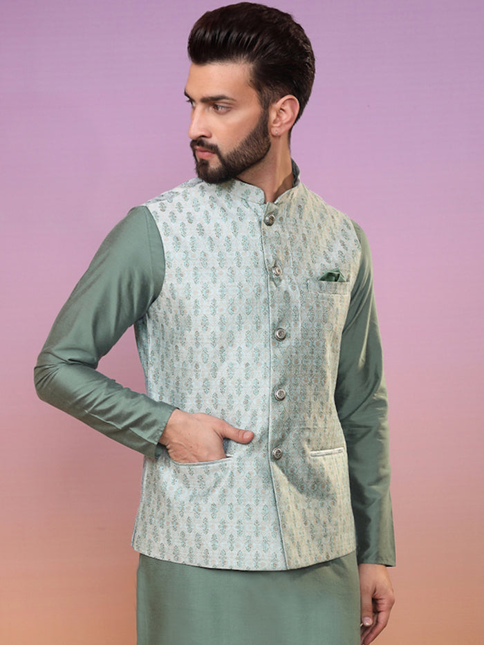 Men Green Printed Nehru Jacket