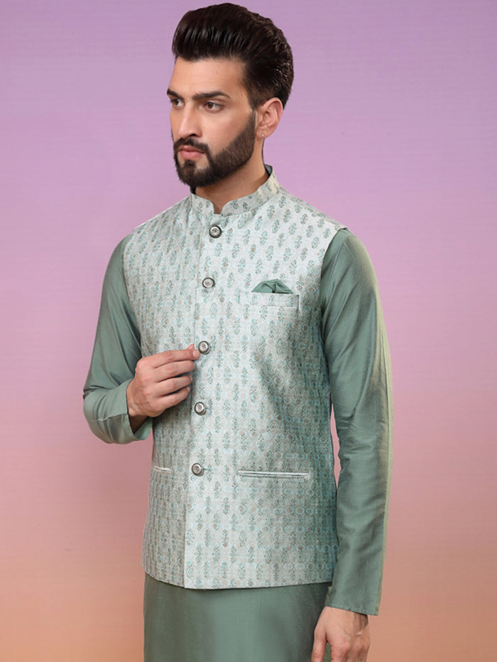 Men Green Printed Nehru Jacket