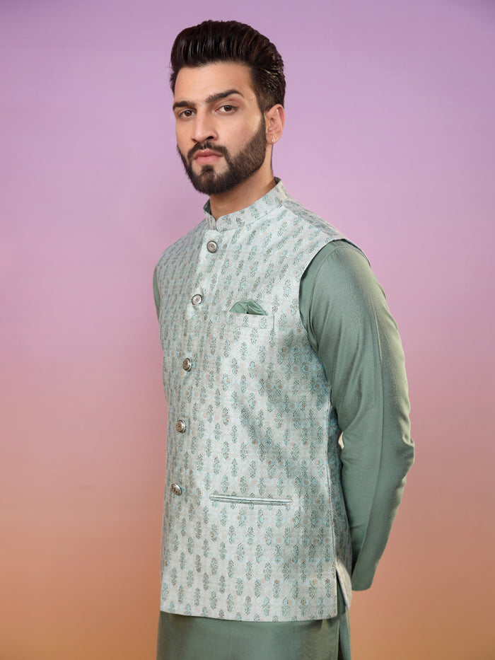 Men Green Printed Nehru Jacket