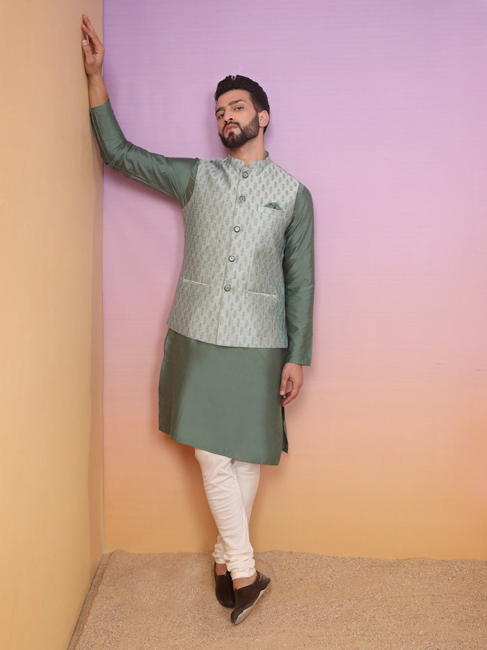 Men Green Printed Nehru Jacket